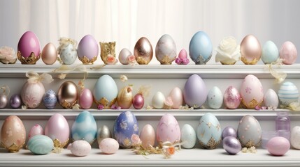  a white shelf filled with lots of different colored eggs on top of a white shelf next to a white curtain.