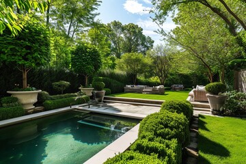 Landscaped Backyard with Pool and Outdoor Seating - obrazy, fototapety, plakaty