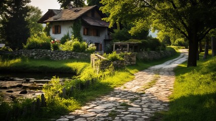 Fototapeta na wymiar A house in the countryside with a pathway made of stones