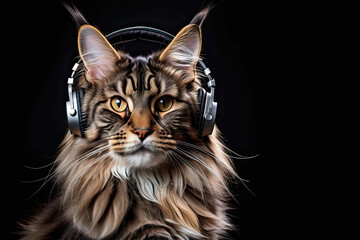 Maine Coon cat wearing headphones isolated on black background. Listen to music. Cover for design of music releases, albums and advertising. Music lover background. DJ concept.