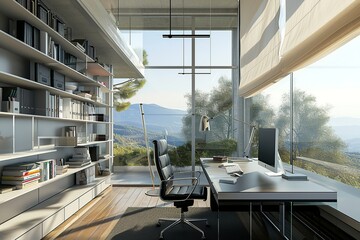 Fototapeta na wymiar Sleek Home Office with Scenic View