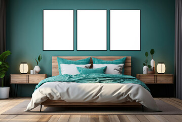 Interior of the minimalist bedroom with a wooden bed and mock-ups of posters or paintings on a turquoise wall in Scandinavian style