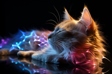 Cat sleeping on holografic rainbow lights, digital kitten