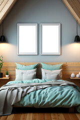 Scandinavian minimalistic bedroom interior in gray and turquoise colors and mockup of posters or paintings in a frame on the wall