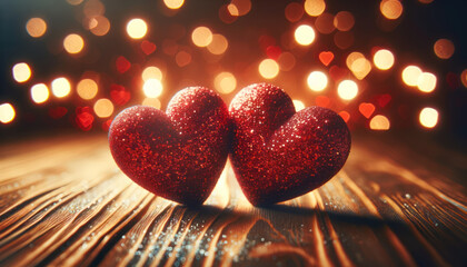 Twinkling Love Glittering Red Hearts and Romantic Bokeh