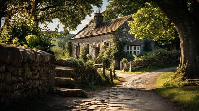 A house in the countryside with a pathway made of stones