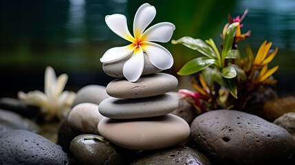 A stack stone with frangipani and plumeria on top of a tree background. a pyramid-shaped rock cairn filled with pebbles that represent spiritual stability and calmness during meditation. a
