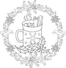 A cup of hot drink with cinnamon and marshmallows decorated with holly in a spice frame - vector linear illustration. Outline. Mug with cocoa or coffee with spices and leaves and berries of holly leaf