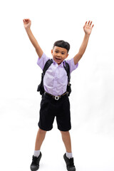 Excited wow hand up. Thai school uniform with backpack bag. Portrait Young Asian cute boy standing on white background banner. Back to school.
