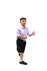 finger point up and side. Thai school uniform with backpack bag. Portrait Young Asian cute boy standing on white studio background banner. Back to school.