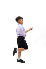 finger point up and side. Thai school uniform with backpack bag. Portrait Young Asian cute boy standing on white studio background banner. Back to school.