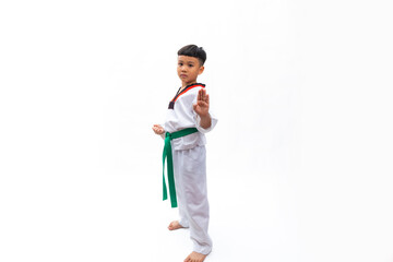kids karate martial arts. Taekwondo uniform with green belt. Portrait Thai Asian school boy isolated on white background banner. Action sport training concept