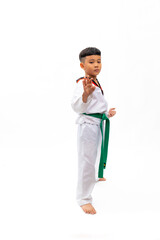 Portrait kids karate martial arts. Taekwondo uniform with green belt. Portrait Thai Asian school boy isolated on white background banner. Action sport training concept