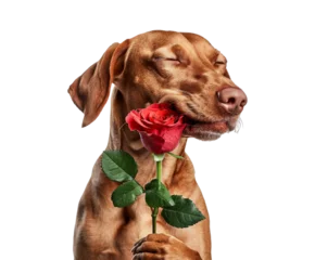 Badezimmer Foto Rückwand Charming red-haired vizsla dog with eyes closed holds a red rose © Zaleman