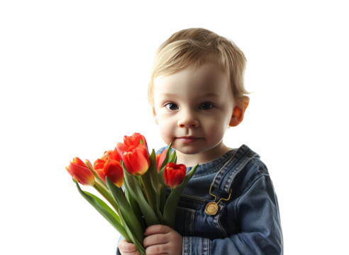 A charming young boy with his freshly picked tulips for Mother's Day.