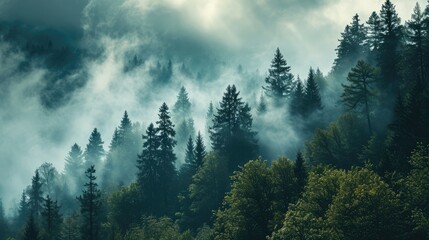 The scene of mountains and a foggy pine forest