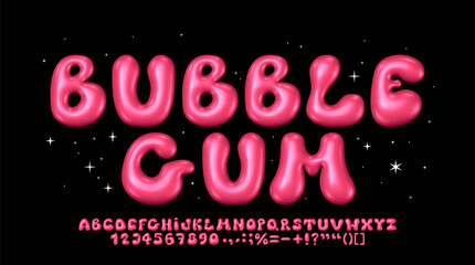 Glossy bubble gum font. Inflated alphabet 3D ballon letters and numbers. Vector set