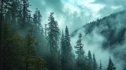 Papier Peint photo Forêt dans le brouillard The scene of mountains and a foggy pine forest