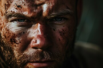 Obraz premium Rugged Masculine Portrait with Mud and Sweat - Survivor Spirit