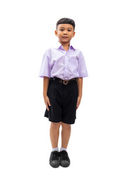 Thai school uniform. Portrait Young Asian cute boy model standing on white studio background banner. Back to school.