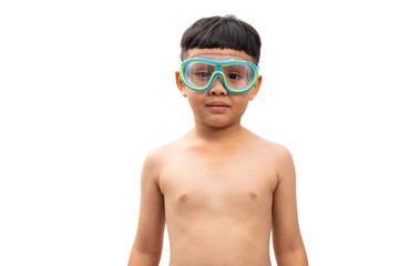 Young Asian thai Boy Fun in Swimming Pool with Goggles. Portrait Young Asian thai cute boy standing isolated on white background banner. Sport man