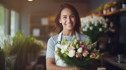 The teacher is smiling as she holds a bouquet of flowers - obrazy, fototapety, plakaty