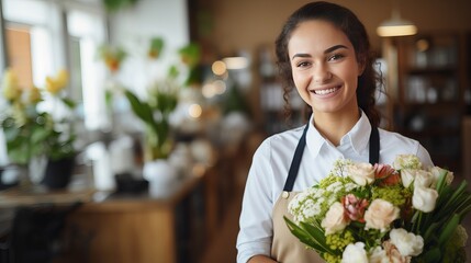 The teacher is smiling as she holds a bouquet of flowers - obrazy, fototapety, plakaty