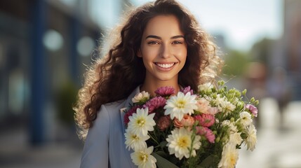 The teacher is smiling as she holds a bouquet of flowers