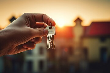 Real estate concept. A man's hand holds the keys to a new apartment or house. Against the background of the building. Close-up. Blurred background.
