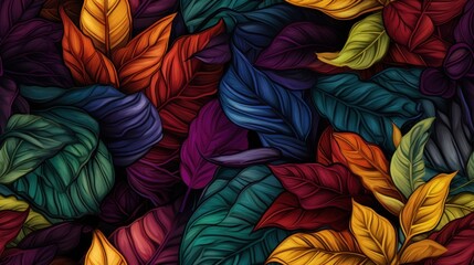  a bunch of different colored leaves on a black background with red, yellow, green, and orange leaves on it.