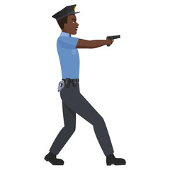 Black policeman with pointing gun. African male officer with weapon cartoon vector illustration