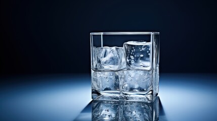  a glass of water with ice cubes on a reflective surface with a blue backround and a black backround.