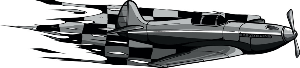 monochromatic illustration of airplane with race flag