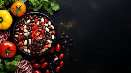 A dark table with vegetables, seasonings, beans, and peppers is where you can find the vegetable meal salad.