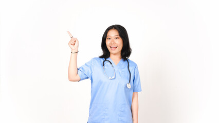 Young Asian female doctor pointing side copy space isolated on white background