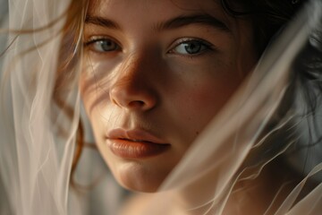 Elegant Close-Up Portrait of a Woman with a Veil, Showcasing Her Graceful Expression and the Exquisite Texture of the Veil, Illuminated by Soft, Warm Lighting for a Radiant Glow