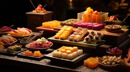 Fototapeta premium a close up of a tray of food on a table with candles and plates of food on the side of the table.