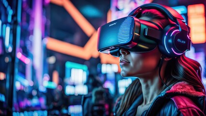 A girl in virtual reality glasses watches a futuristic city