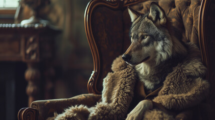 fantasy photography, a wolf sits in a chair, dressed in a sheepskin coat.concept - a traitor, a hypocrite with selfish intentions, pretending to be good for selfish purposes - obrazy, fototapety, plakaty