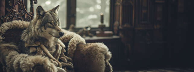 fantasy photography, a wolf sits in a chair, dressed in a sheepskin coat.concept - a traitor, a hypocrite with selfish intentions, pretending to be good for selfish purposes - obrazy, fototapety, plakaty