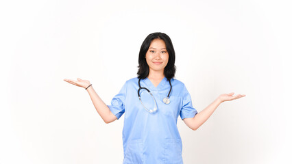 Young Asian female doctor showing copy space on two open palm isolated on white background