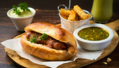 Argentinian typical/traditional dish, ''choripan'' with ''chimichurri'' sauce, ''asado''. Fast food from Argentina. Street food. Closeup photography. - obrazy, fototapety, plakaty