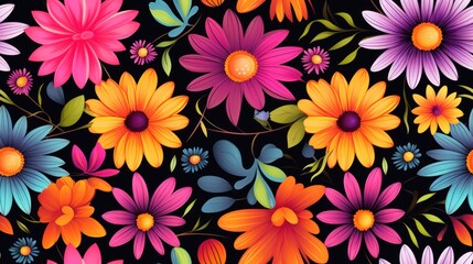  a bunch of colorful flowers that are on a black background with a black background and a black background with a bunch of colorful flowers that are on a black background.