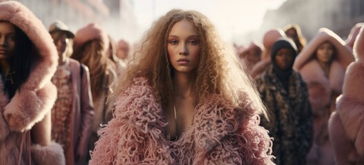 Fashion model in pink faux fur coat at outdoor runway show. Urban style and trends. Banner.