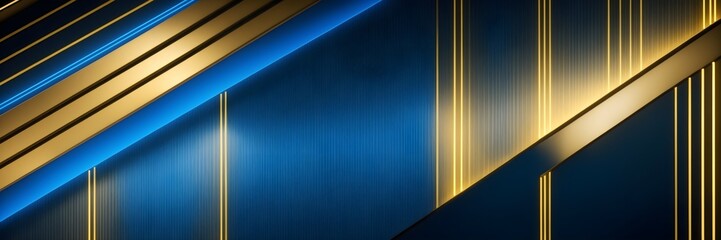 Abstract blue background with shiny gold diagonal stripes. Elegant blue backdrop banner.