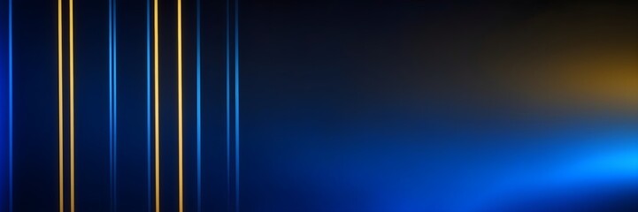 Abstract dark background with neon light blue and yellow lines. Blue background banner with illuminated copy space.