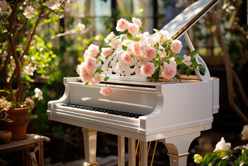 White grand piano with romantic decor of pink flowers