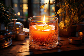 Handmade hot candle on the table