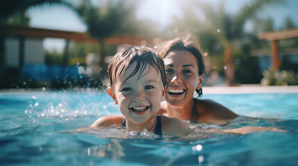 A happy child playing in the pool together with mother. - obrazy, fototapety, plakaty