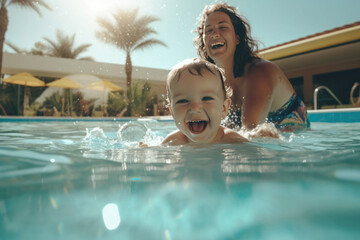 A happy child playing in the pool together with mother. - obrazy, fototapety, plakaty